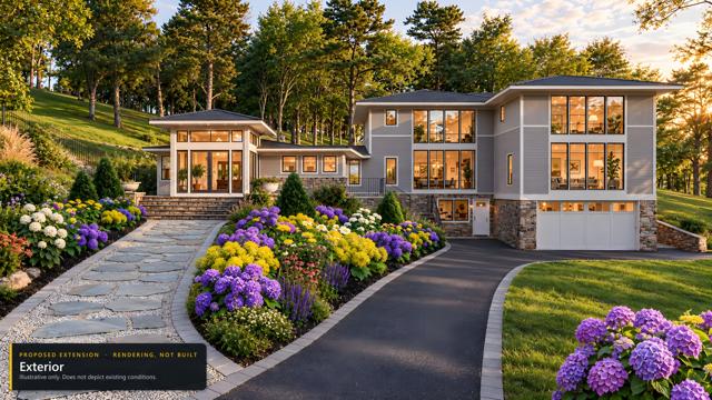 Proposed extension: Exterior. Rendering, not built. Illustrative only.