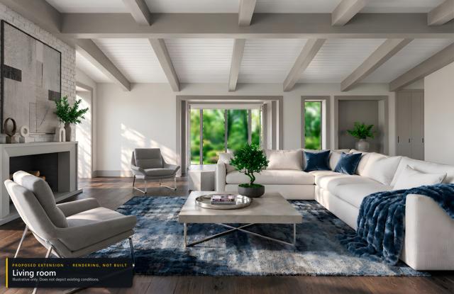 Proposed extension: Living room. Rendering, not built. Illustrative only.