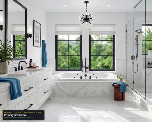 Proposed extension: Primary bathroom. Rendering, not built. Illustrative only.