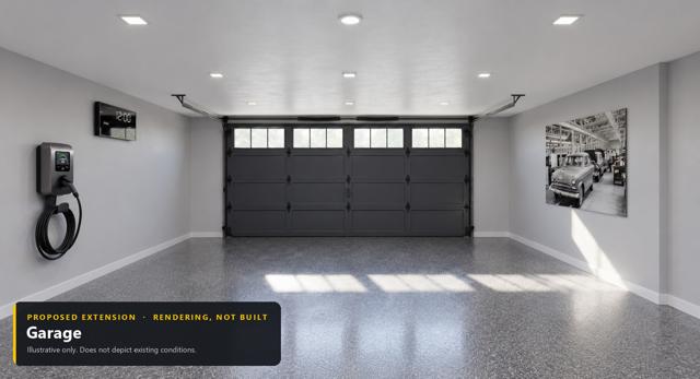 Proposed extension: Garage. Rendering, not built. Illustrative only.