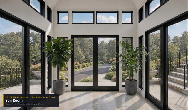 Proposed extension: Sun room. Rendering, not built. Illustrative only.