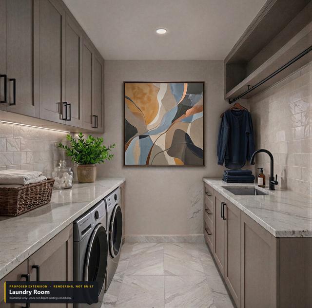 Proposed extension: Laundry room. Rendering, not built. Illustrative only.