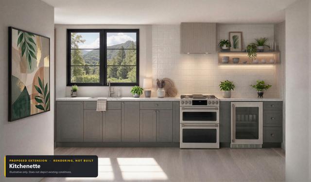 Proposed extension: Kitchenette. Rendering, not built. Illustrative only.